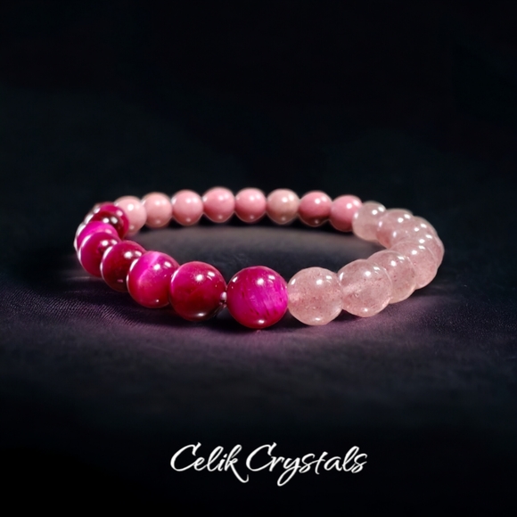 Pink Tiger Eye, Rhodonite & Strawberry Quartz Bracelet Stretches - Picture 1 of 6
